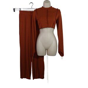 Brown 2-Piece Ribbed Long Sleeve Crop Top and Wide Leg Pants Women Size L